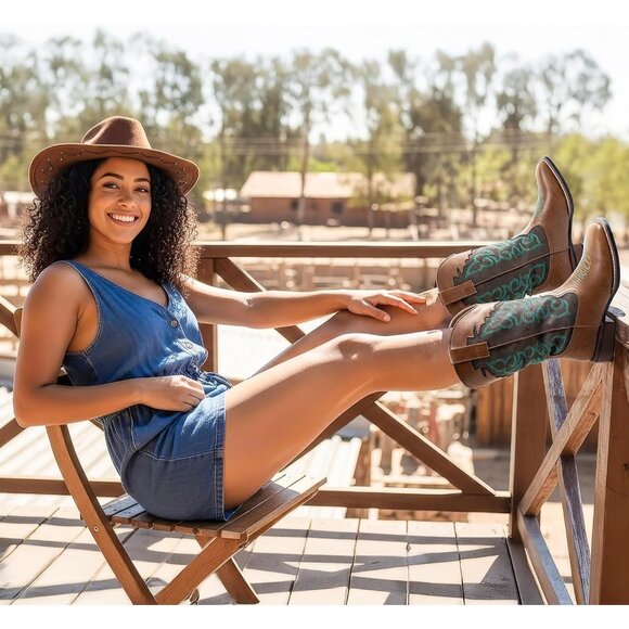 SheSole Western Boots Women's Brown Tan Faux Leather Square Toe Wide Mid Calf - Picture 8 of 9